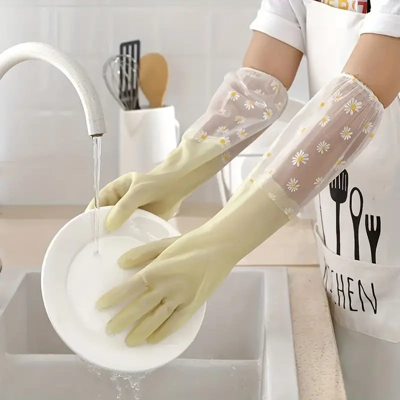 1 Pair Long Sleeve Floral Rubber Gloves-Reusable, Soft & Flexible-Multi-Use for Dishwashing, Kitchen, Oven, Pet Cleaning